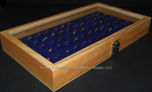Key lock locking natural wood glass top lid blue 72 ring jewelry display case for sale
