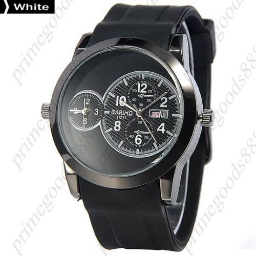 2 time zone zones black rubber band date analog quartz men&#039;s wristwatch in white for sale