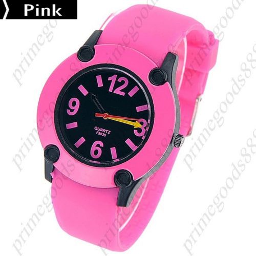 Unisex Round Quartz Analog Wrist Watch Rubber Band in Pink Free Shipping