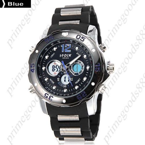 Two Time Zone Zones Silicone Date Digital Analog Quartz Men&#039;s Wristwatch Blue