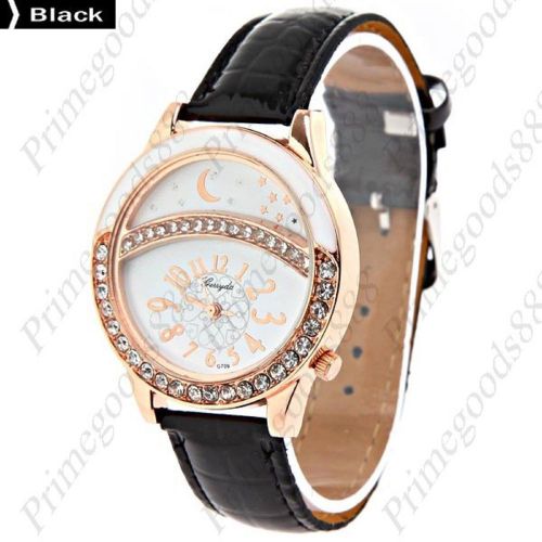 Star Round Rhinestones PU Leather Lady Ladies Quartz Wristwatch Women&#039;s Black