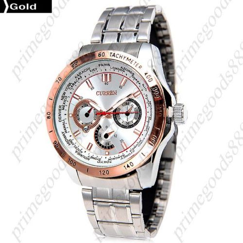 Silver stainless steel date quartz analog free shipping men&#039;s wristwatch gold for sale