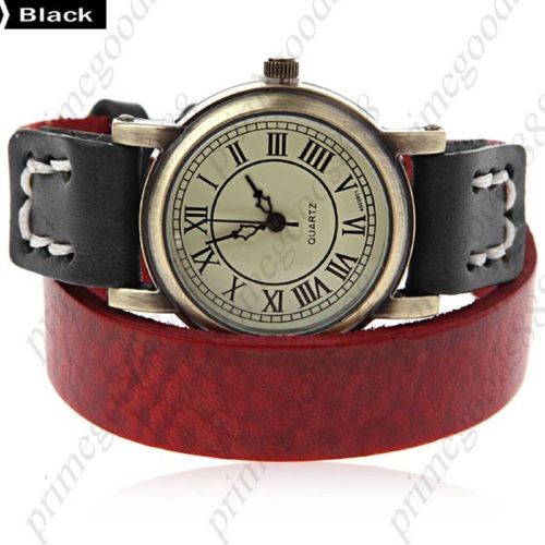 Classic Double Wrap PU Leather Lady Ladies Wrist Quartz Wristwatch Women&#039;s Black