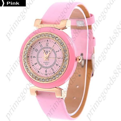 Round Rhinestones Analog PU Leather Lady Ladies Quartz Wristwatch Women&#039;s Pink