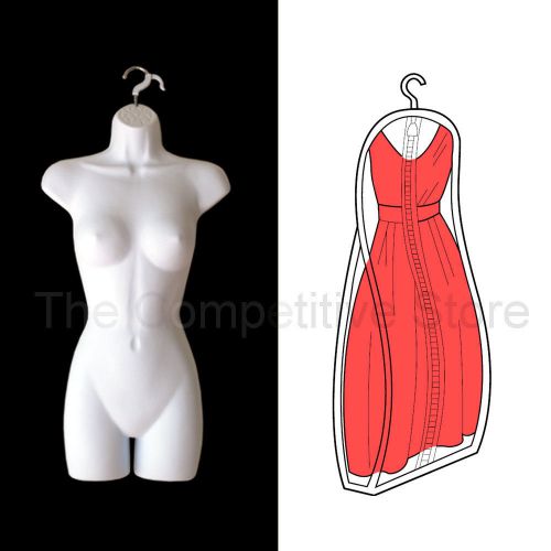 Bundle white female body form mannequin s-m sz + 24 x 72 clear formal dress bag for sale