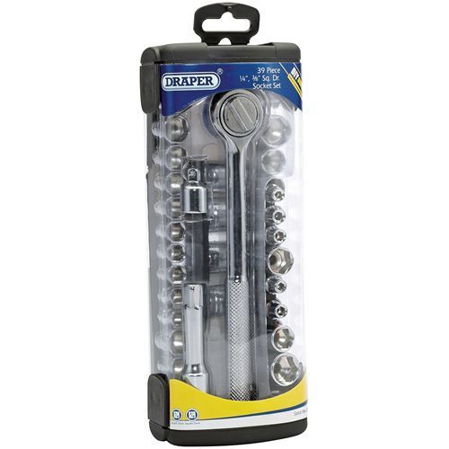 Draper DIY 39 Piece 1/4&#034; &amp; 3/8&#034; Socket Set Wrench Complete Kit Builders (26381)