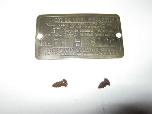 Old antique briggs &amp; stratton gas engine brass serial tag model fh 48120 for sale