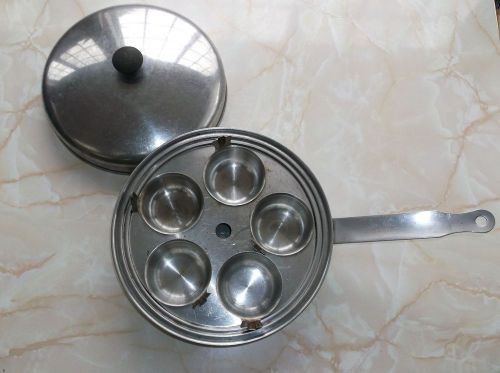 Vollrath vintage stainless steel fry pan, 10&#034; w/lid, egg poacher and 5 egg cups. for sale