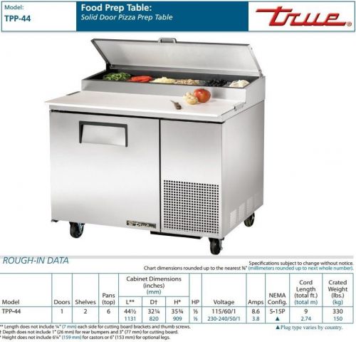 NEW TRUE COMMERCIAL 1 Door 44&#034; PIZZA PREP TABLE NSF APPROVED TPP-44