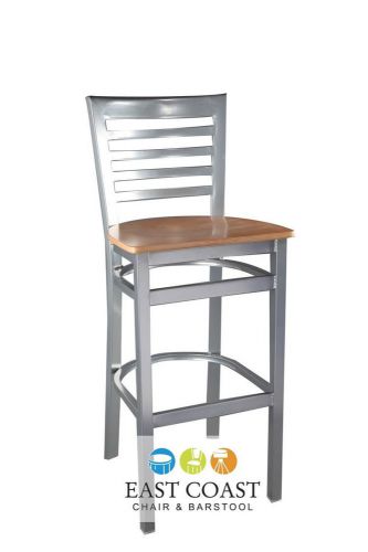 New gladiator silver full ladder back restaurant bar stool w/ natural wood seat for sale