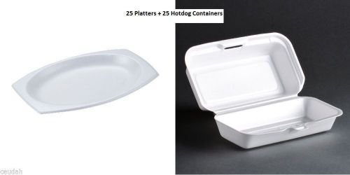 (25) 9&#034; x 7&#034; Platter + (25) Hot Dogs Container Hinged Lid Foam Food Tray Dart