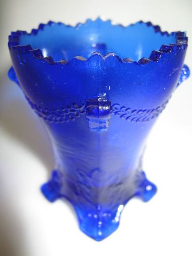 Cobalt blue glass tabletop toothpick match holder swag with brackets pattern art for sale