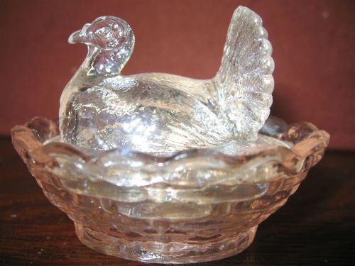 pink carnival glass salt celt hen turkey on nest basket dish dip cellar boyd art