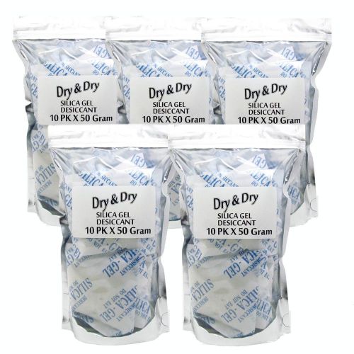 50 gram x 50 pk &#034;dry &amp; dry&#034; silica gel desiccant - ammo jewelry safe reusable for sale