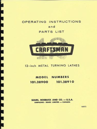 Craftsman Lathes 101.28900 101.28910 101.28980 101.28990 Operating&amp;Parts Manual