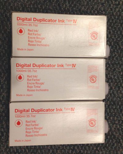 Lot of 3 DIGITAL DUPLICATOR INK Cartridges Type IV 1000 ml RED INK for Ricoh NOS