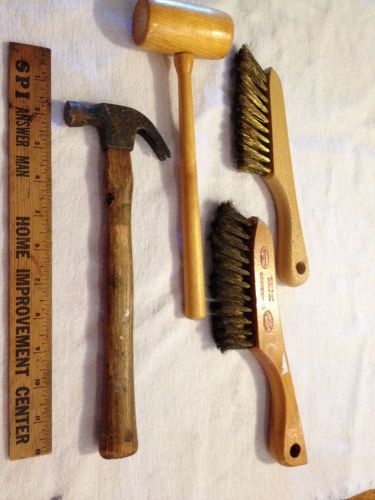 Vintage Machinist Soft Wire Brushes, Wooden Hammer  And Small Claw Hammer
