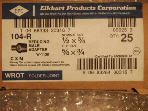Qty 25 - elkhart copper  adapter 3/4&#034; male x 1/2&#034;  sweat - new bulk for sale