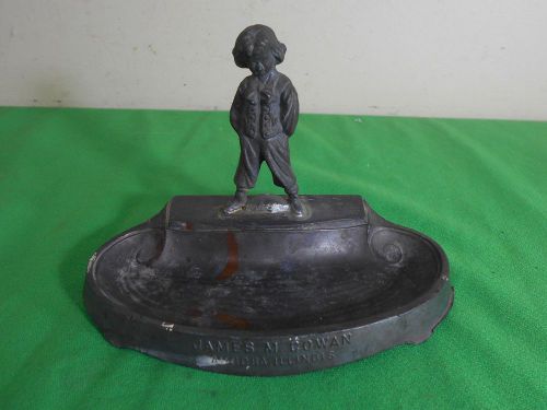 Vtg Spelter Business Card Holder Boy Figure tray at feet previous Inscribed