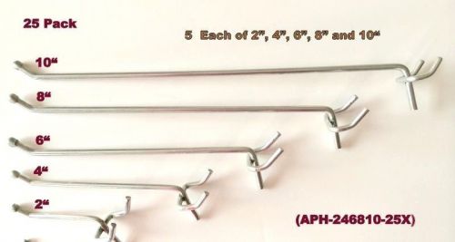 (25 Pack) Assorted Metal Hooks  5 Each of 10, 8, 6, 4, 2&#034;  Pegboard or Slatwall