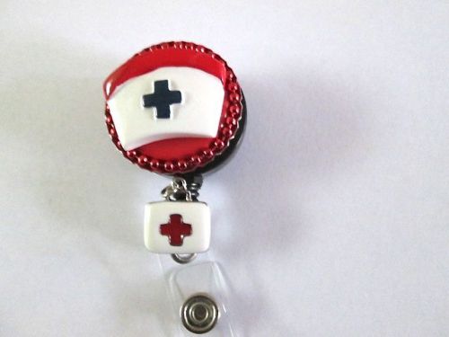 NURSE CAP&amp;PURSE RED ID BADGE RETRACTABLE REEL HOLDER,MEDICAL, HOSPITAl,OFFICE