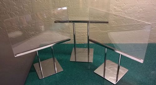 3 USED CLEAR ACRYLIC LUCITE SIGN HOLDERS 7&#034;x11&#034;- METAL BASE