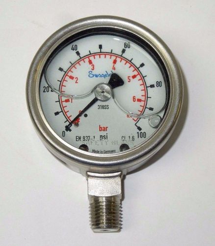 Swagelok gauge 2-1/2&#034; face 316 s/s 0-100 psi 1/4&#034; npt lower nib &lt;132er09 for sale