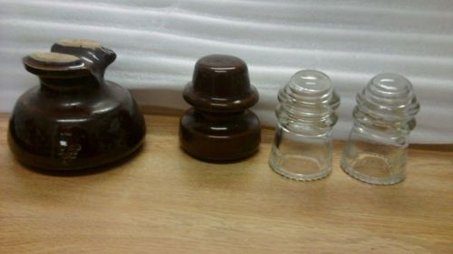 4 Vintage Insulators, (2 Brown Ceramic Porcelain and 2 Clear Glass Hemingray-9)