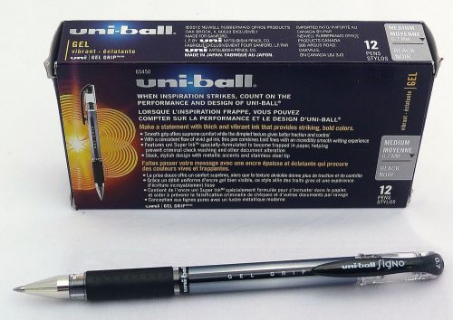 12 Uni-ball Gel Grip Pens Black, 0.7mm Medium New Unused #65450