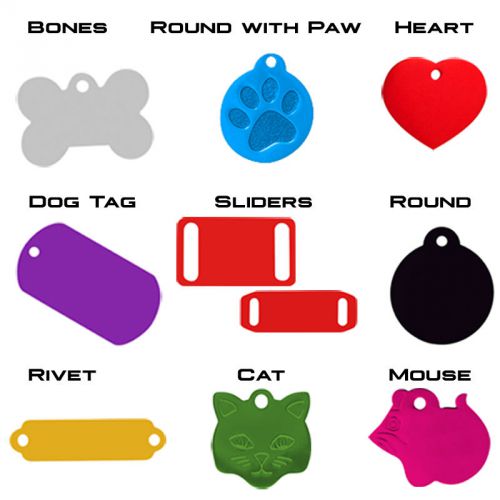 100 Assorted Pet Tags.  Anodized aluminum. Ready to personalize.
