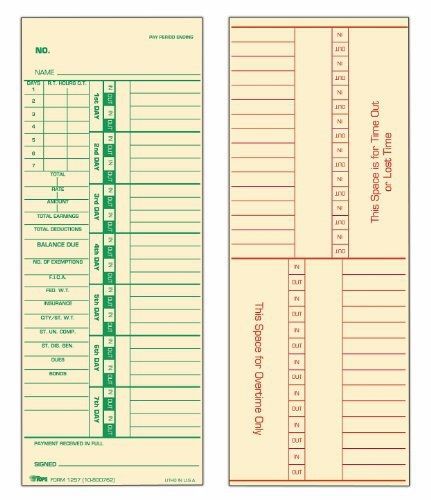 TOPS Time Cards, Weekly, 2-Sided, Numbered Days, 3-1/2&#034; x 9&#034;, Manila, Green/Red