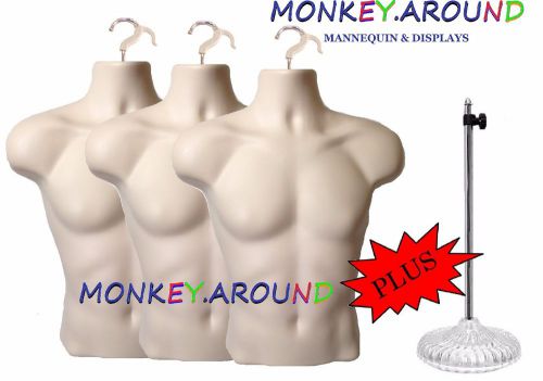 3 Male Mannequin Flesh Body Torso Form +1 Stand +3 Hook, Display Men Shirt Pants