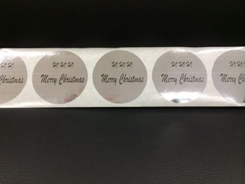 100 2&#034; HO HO HO MERRY CIRCLE Labels Stickers SILVER CHRISTMAS HOLIDAY SEALS