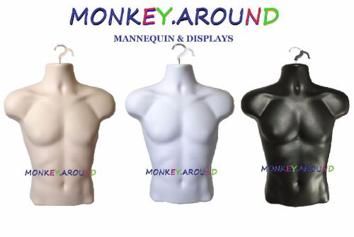 3 Male Mannequin Flesh Black White Torso Form +3 Hook - Display Men Shirt Pants