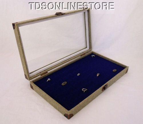 Burlap Covered Glass Top Jewelry Display Case For 72 Rings Blue Insert