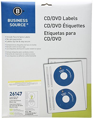 Business Source CD/DVD Labels for Laser and Inkjet Printers - Pack of 50