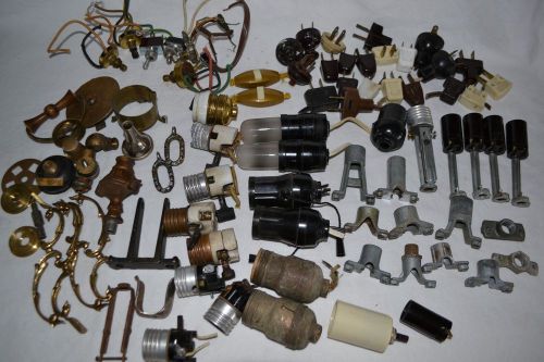 85 Vintage Lamp Parts Lot  Plugs, Sockets, Switches, Bakelite, Porcelain Antique