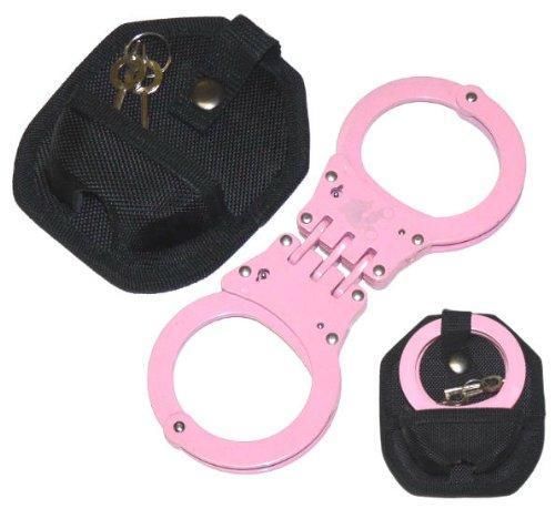 auction  PINK HINGED POLICE SECURITY HANDCUFFS W CASE &amp; KEYS double lock CUFFS