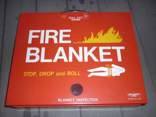 Vintage lab safety supply red wool fire blanket &amp; metal box stop drop &amp; roll for sale