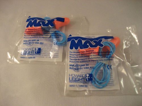 TWO PAIRS OF MAX PRESHAPED FOAM EAR PLUGS - CORDED / STRING -SEALED
