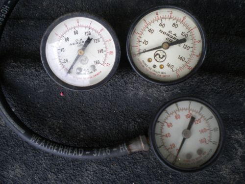 3 Preassure gauges C.A. Norgren Co. Metal Case Brass fitting Pounds per Inch