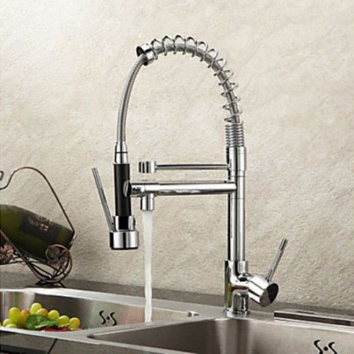 Brass Pull Out Kitchen Faucet Two Swivel Spouts Spring Mixer Tap Chrome Spray