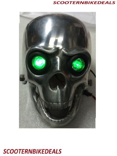 Lot of two  royal enfield skull headlight green light in eyes + fixing bracket for sale