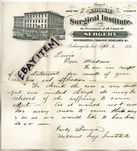1872 letterhead NATIONAL SURGICAL INSTITUTE surgery INDIANAPOLIS INDIANA disease