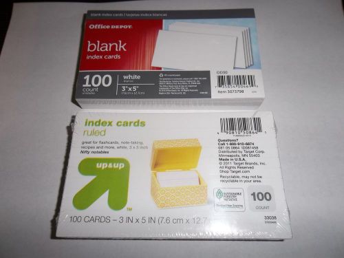 2 PKGS 100 COUNT 3&#034; x 5&#034; INDEX CARDS (1 BLANK -1 RULED) NEW SEALED