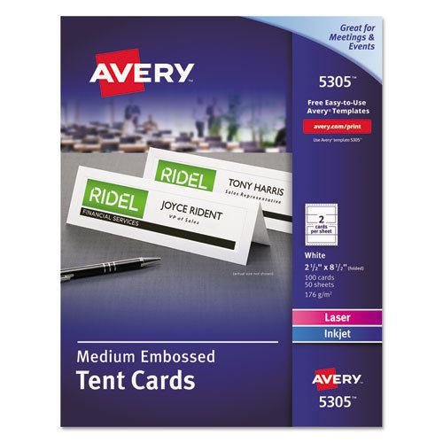 Medium Embossed Tent Cards, White, 2 1/2 x 8 1/2, 2 Cards/Sheet, 100/Box