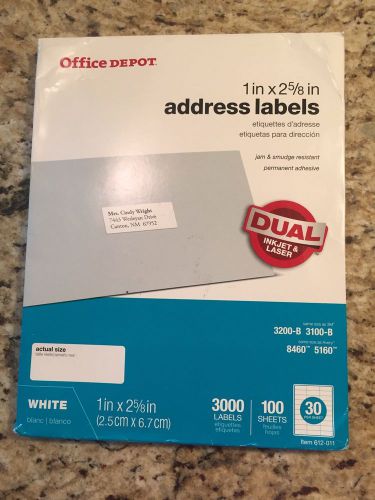 Office Depot® Brand White Inkjet/Laser Address Labels, 1&#034; x 2 5/8&#034;, Box Of 2250