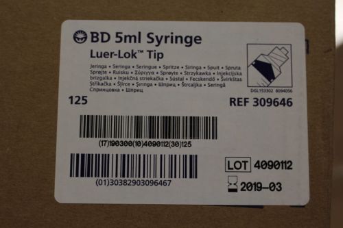 NEW BOX OF 125 BD 309646 5mL Luer Lok Syringes