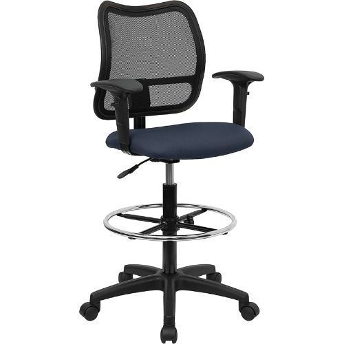 Mid-Back Mesh Drafting Chair with Navy Blue Fabric Seat and Height Adjustable Ar