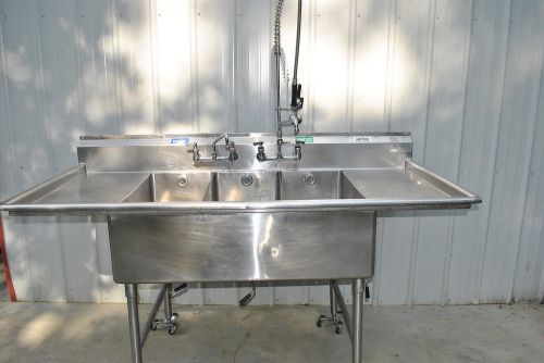 3 compartment sink with sprayer stainless steel 75&#034; for sale